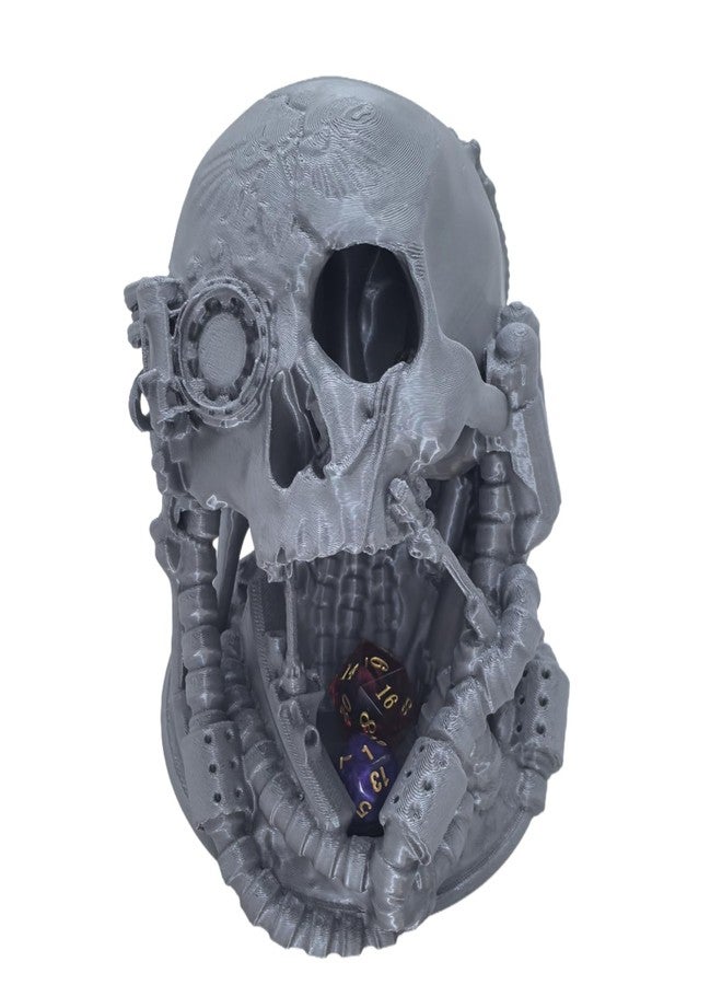 XJPONGC Mechanical Skull Dice Tower Dungeons and Dragons RPG abletop Roleplaying Game Jail D&D (Random 7PCS D20 Dice Set Included) Silver - Image 1